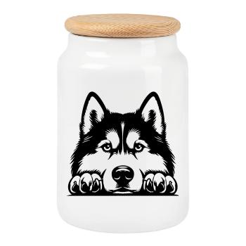 Tête de husky avec pattes - Boîte à biscuits avec couvercle en bois - blanc - Devant