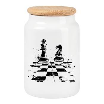 Chess Checkers and King Drawing - Cookie Jar with Wooden Lid - white - Front