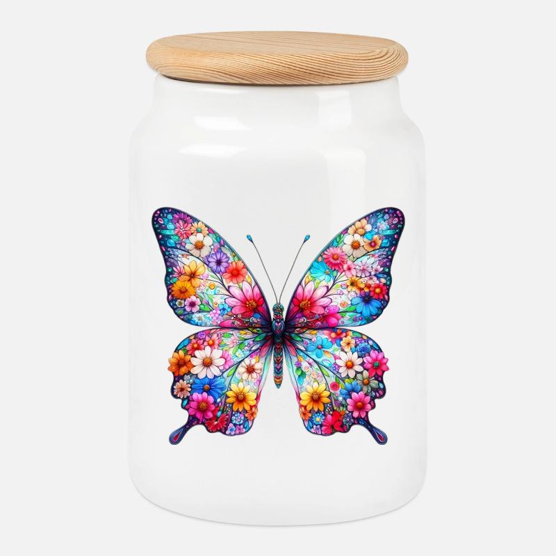 Schmetterling mit Blumen verziert - Keksdose mit Holzdeckel - Weiß