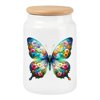 Papillon décoré de fleurs - Boîte à biscuits avec couvercle en bois - blanc - Devant