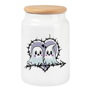 Fantômes amoureux de cœur pour Halloween - Boîte à biscuits avec couvercle en bois - blanc - Devant