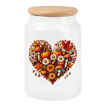 Cœur, rempli de citrouilles, de champignons et de feuilles d’automne - Boîte à biscuits avec couvercle en bois - blanc - Devant