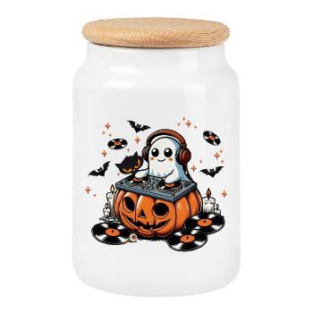 Happy Halloween ghost as a DJ on a pumpkin - Cookie Jar with Wooden Lid - white - Front