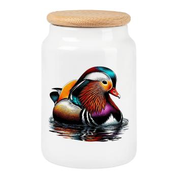 Mandarin duck - Cookie Jar with Wooden Lid - white - Front