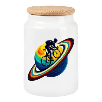 Radfahrer auf dem Saturn - Keksdose mit Holzdeckel - Weiß - Vorne