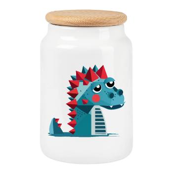 A Dino – Playful and Colorful Illustration - Cookie Jar with Wooden Lid - white - Front