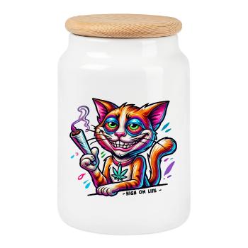 High Cat - High on live - Cookie Jar with Wooden Lid - white - Front