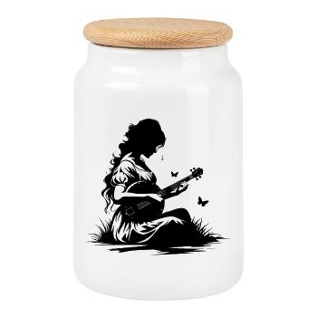 Banjo Girl Drawing - Cookie Jar with Wooden Lid - white - Front