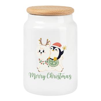 Joyeux Noël - Alpaga + Pingouin pour Noël - Boîte à biscuits avec couvercle en bois - blanc - Devant