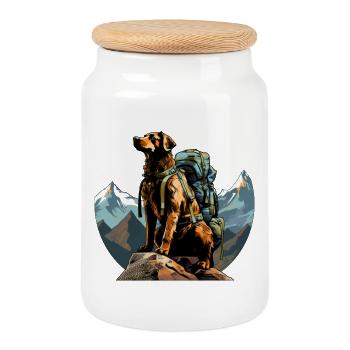 Dog Mountaineer / Hiking Dogs - Cookie Jar with Wooden Lid - white - Front