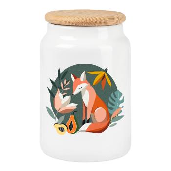 Fox with tropical flowers and fruits - Cookie Jar with Wooden Lid - white - Front
