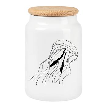 Jellyfish - black and white graphic - Cookie Jar with Wooden Lid - white - Front