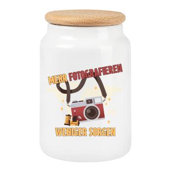 Mehr fotografieren - Weniger Sorgen - Keksdose mit Holzdeckel - Weiß - Vorne