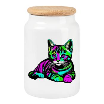 Cat - Cookie Jar with Wooden Lid - white - Front