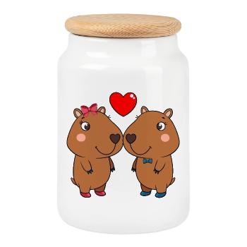 Duo d’animaux mignons avec cœur - Boîte à biscuits avec couvercle en bois - blanc - Devant