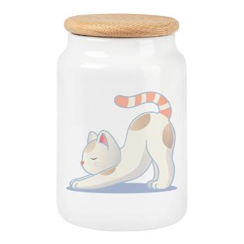 Un chat dans une pose de yoga d’étirement - Boîte à biscuits avec couvercle en bois - blanc - Devant