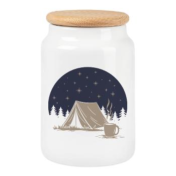 Camping and Coffee - Cookie Jar with Wooden Lid - white - Front