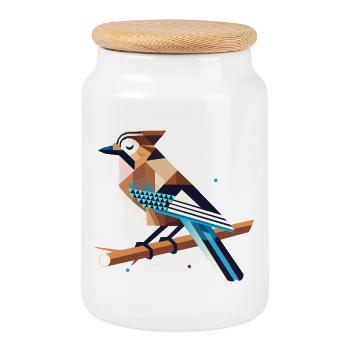 Jays on a branch – stylized spring motif - Cookie Jar with Wooden Lid - white - Front