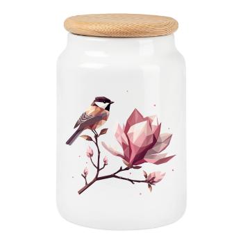 Oiseau sur branche de magnolia – Composition harmonique - Boîte à biscuits avec couvercle en bois - blanc - Devant