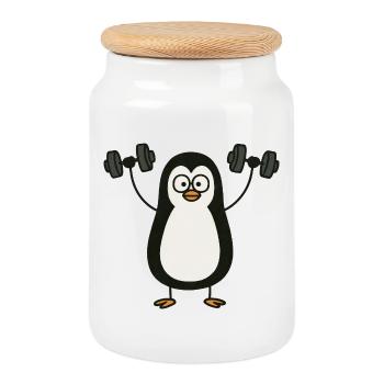 Funny Penguin with Dumbbell Fitness Workout - Cookie Jar with Wooden Lid - white - Front