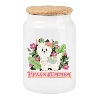 Hello summer llama alpaca in summer mood - Cookie Jar with Wooden Lid - white - Front