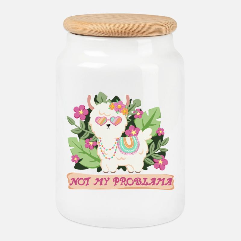 Summer Llama Alpaca - Not my problem - Cookie Jar with Wooden Lid - white