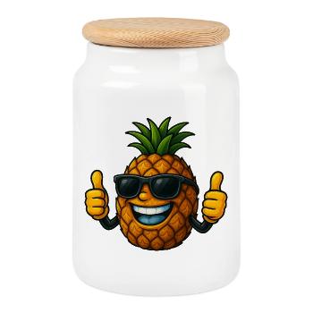 Cute Cartoon Pineapple Summer Fruit Fun Joy - Cookie Jar with Wooden Lid - white - Front