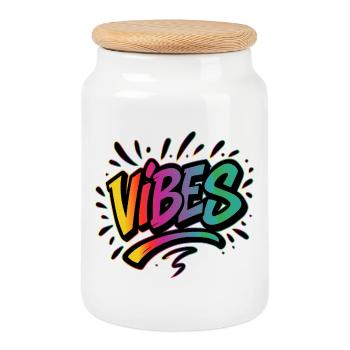 Lettrage graffiti VIBES – Déclaration colorée - Boîte à biscuits avec couvercle en bois - blanc - Devant