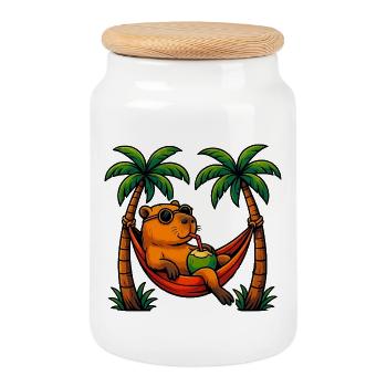 Tropical capybara Relaxing in Coconut Hammock - Cookie Jar with Wooden Lid - white - Front
