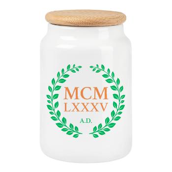 MCMLXXXV - 1985 - Cookie Jar with Wooden Lid - white - Front