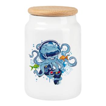 Gaming Octopus with Controller - Cookie Jar with Wooden Lid - white - Front