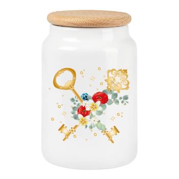 Crossed keys with flowers in gold style - Cookie Jar with Wooden Lid - white - Front