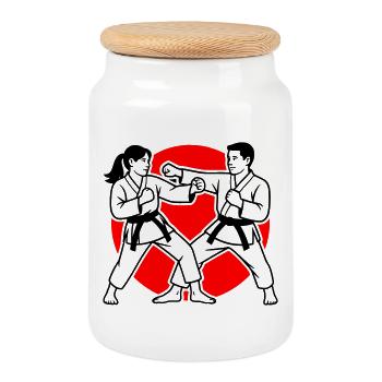 Karate Kumite - Cookie Jar with Wooden Lid - white - Front