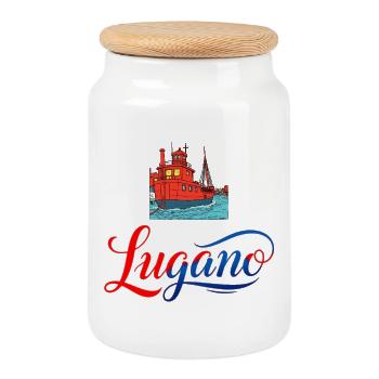 Lugano Hafen Souvenir - Keksdose mit Holzdeckel - Weiß - Vorne