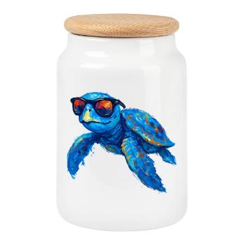 Colorful surfer turtle with sunglasses - Cookie Jar with Wooden Lid - white - Front
