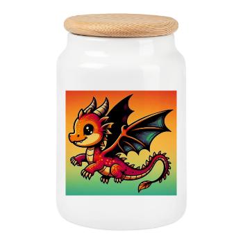 dragon - Cookie Jar with Wooden Lid - white - Front