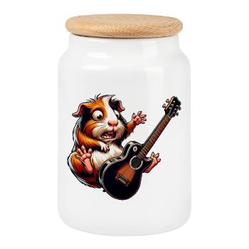 Cochon d’Inde rocks avec guitare électrique - Boîte à biscuits avec couvercle en bois - blanc - Devant