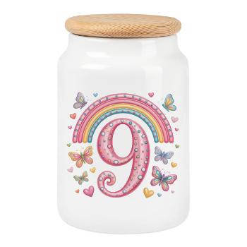 Rainbow Butterfly 9th Birthday Girl - Cookie Jar with Wooden Lid - white - Front