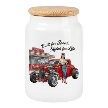 Vintage Hot Rod Girl - Cookie Jar with Wooden Lid - white - Front