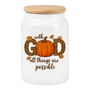 Avec Dieu, tout est possible Citrouille d’automne - Boîte à biscuits avec couvercle en bois - blanc - Devant
