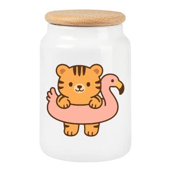 Little Tiger on Pink Float - Cookie Jar with Wooden Lid - white - Front