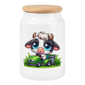Cute Cow Bull Lawnmower Gardener Horticulture - Cookie Jar with Wooden Lid - white - Front