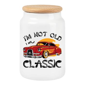 Roter Oldtimer mit Sunset Design - Keksdose mit Holzdeckel - Weiß - Vorne
