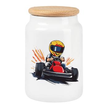 Dessin animé de pilote de course - Boîte à biscuits avec couvercle en bois - blanc - Devant