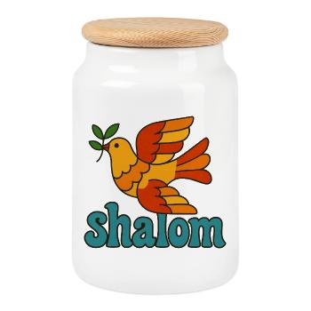Stylised Bird with Olive Branch and Shalom - Cookie Jar with Wooden Lid - white - Front
