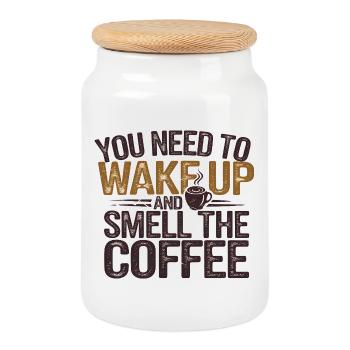 Motivierendes Kaffee-Weck-Zitat - Keksdose mit Holzdeckel - Weiß - Vorne