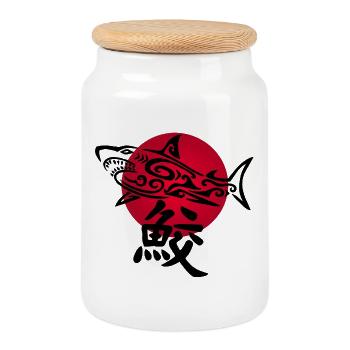 Black shark and red sun - Cookie Jar with Wooden Lid - white - Front