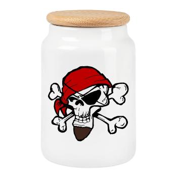 Pirate Skeleton Head with Red Bandana - Cookie Jar with Wooden Lid - white - Front