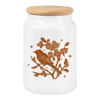 Silhouette Bird and Autumn Flowers - Cookie Jar with Wooden Lid - white - Front