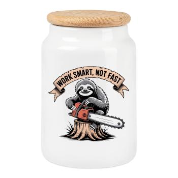 Work Smart Not Fast Sloth Kettensäge - Keksdose mit Holzdeckel - Weiß - Vorne